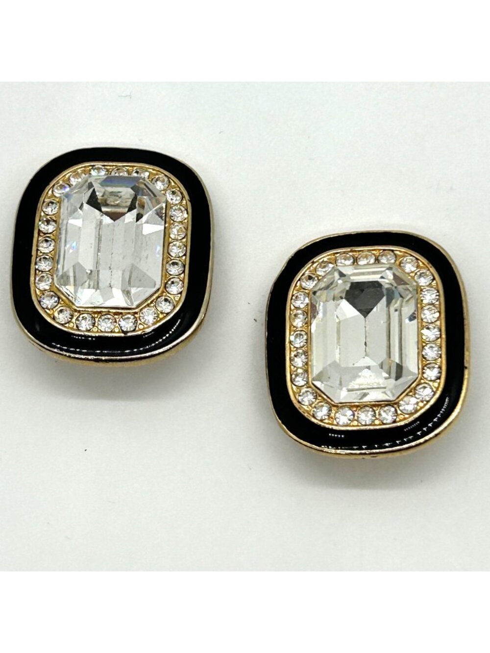 Vintage Emerald Cut Crystal Clip-On Earrings Rhinestone Black Enamel Statement